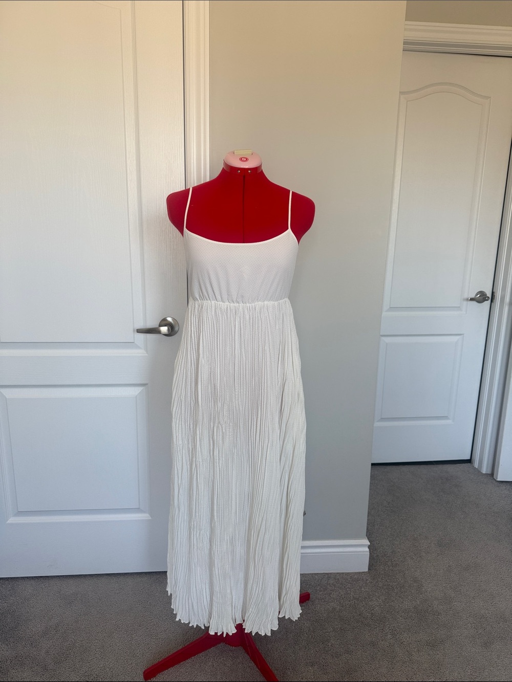 Women's White Pleated Maxi Dress - Sleeveless Spaghetti Strap